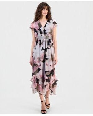 Anne Klein Floral Print Smocked Ruffled Dress - White