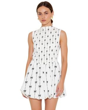 Modenaire Sleeveless Smocked High Neck Embroidered Mini Dress - White