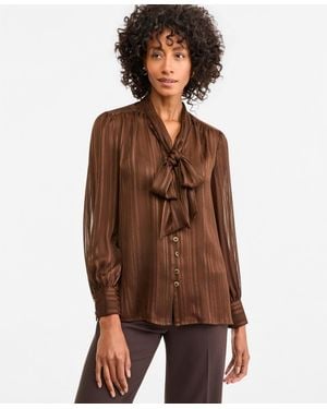 Tahari Tie Neck Satin Stripe Long-sleeve Blouse - Brown