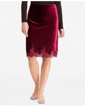 On 34th Velvet Lace-trim Alt Length Skirt - Red