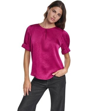 DKNY Satin Roll-sleeve Slight-crease Crewneck Blouse - Purple