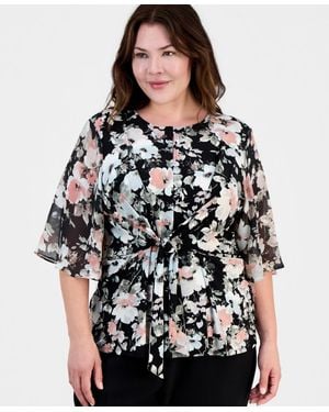 Kasper Plus Size Printed Knot-front Flutter-sleeve Top - Black