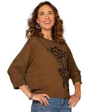 Democracy Petite Scoop Neck Embroidered Knit Top - Brown