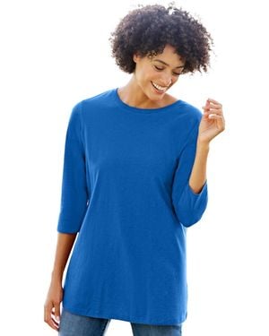 Woman Within Plus Size Within Perfect Three-quarter Sleeve Crewneck Tee - Blue