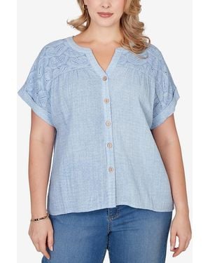Ruby Rd. Plus Size Paisley Embroidered Gauze Button T-shirt - Blue