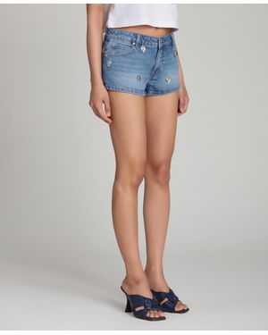 Avec Les Filles Mid-rise Charm Detail Front-fly Denim Shorts - Blue