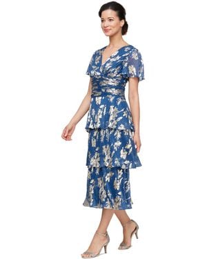 Sl Fashions Floral Surplice-neck Tiered Dress - Blue