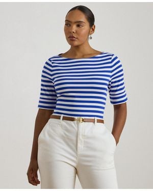 Ralph Lauren Plus Size Striped Boat Neck T-shirt - Blue