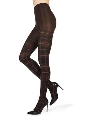 Memoi Glasgow Tartan Plaid Stretch Sweater Tights - Black
