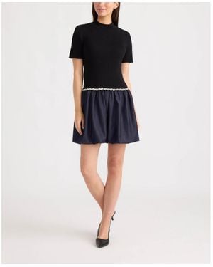 Ellen Tracy Twofer Mock Neck Short Sleeve Bubble Skirt Mini Dress - Blue