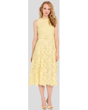 Tahari Belted Lace Midi Dress - Yellow