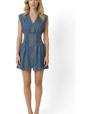 Modenaire Denim Cap-sleeve Smocked-waist Mini Dress - Blue