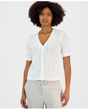 Kasper Textured Stitch Short-sleeve Cardigan Sweater - White