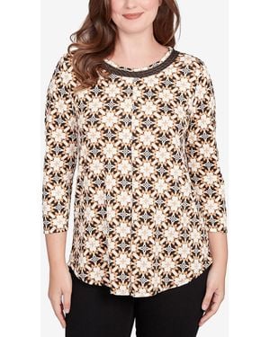 Ruby Rd. Petite Mesh Textured Geo Puff Print Top - Natural