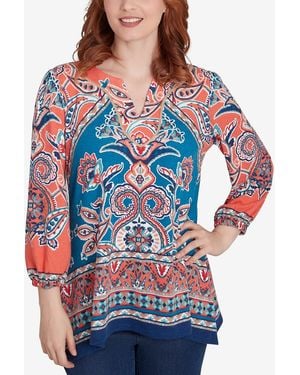 Ruby Rd. Petite Embellished Split Neck Baroque Motif Printed Hatchi Knit Top - Blue