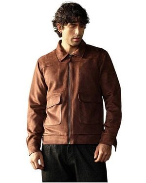 Cahoot Campus Sutra Casual Fit Faux Suede Point Collar Zip-front Jacket - Brown