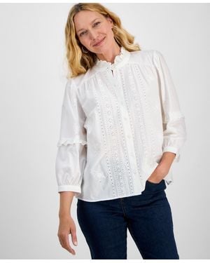 Style & Co. Cotton Eyelet-front 3/4-puff Sleeve Blouse - White
