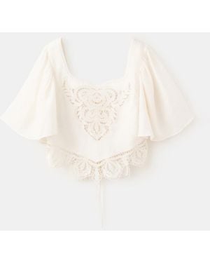 Mango Openwork Embroidery Cropped Blouse - White