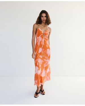 Mango Metallic Cutout Floral Dress - Orange