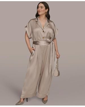 Donna Karan Plus Size Satin Collared Jumpsuit - Natural
