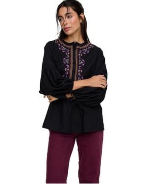 Raffya Anai Half Placket Embroidered Blouse - Black