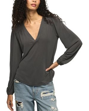 Lucky Brand Sandwash Long-sleeve V-neck Shirring Blouse - Gray
