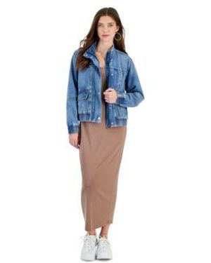 And Now This Now This Denim Bomber Jacket Ribbed Scoop Neck Maxi Dress Created For Macys - Blue