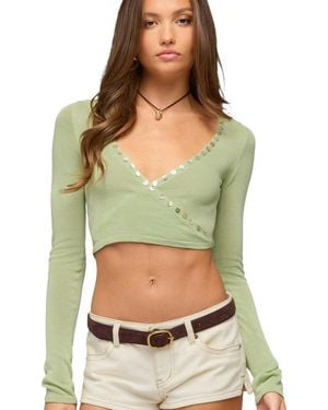 Edikted Hyla Button Cropped Knit Wrap Top - Green
