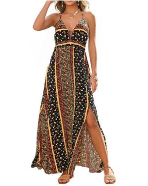 CUPSHE Floral Print Halter Neck Side Slit Maxi Dress - Brown