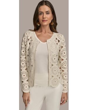 Donna Karan Crochet Cotton Blend Cardigan - Natural