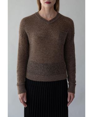 SSKEIN Lacey Pointelle Pullover Sweater - Brown