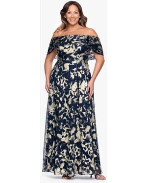 Betsy & Adam Plus Size Printed Off-the-shoulder Ball Gown - Blue