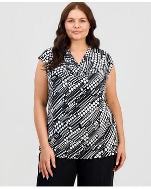 Kasper Plus Size Printed Cowlneck Cap-sleeve Knit Top - Black