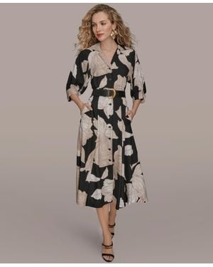 Donna Karan Floral Midi Shirt Dress - Brown