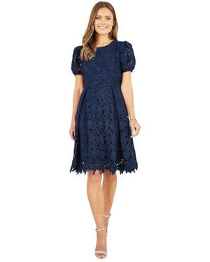 Yumi' Lace Puff Sleeve Skater Dress - Blue