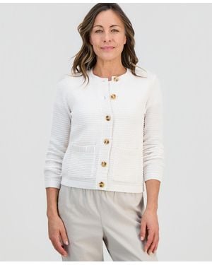 Style & Co. Petite Textured Stitch Crewneck Cardigan - White
