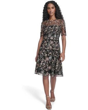 Jessica Howard Petite Printed Elbow Sleeve Fit & Flare Dress - Gray