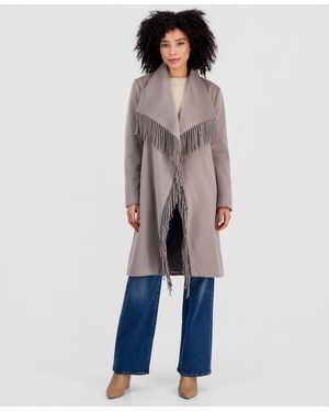 CoffeeShop Fringe-trim Tie-belt Wrap Coat - Gray