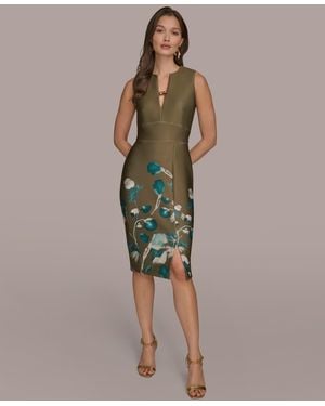 Donna Karan  Split V-neck Floral Sheath Dress - Green