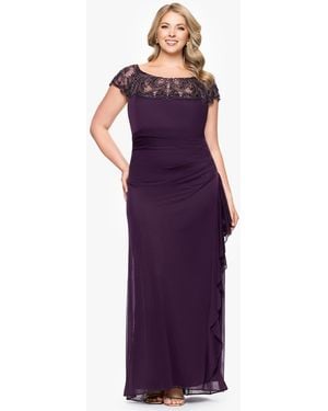 Xscape Plus-size Beaded Boat Neck Mesh Gown - Purple