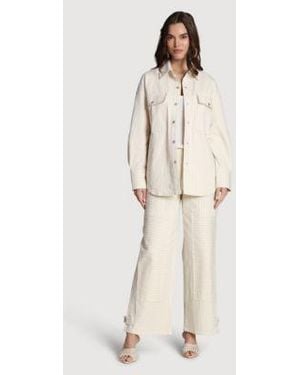 Avec Les Filles Collared Oversized Shirt Patchwork Wide Leg Jeans - Natural