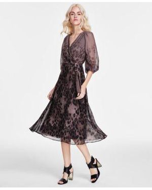 DKNY Printed Faux Wrap Balloon Sleeve Dress 0p 16 - White