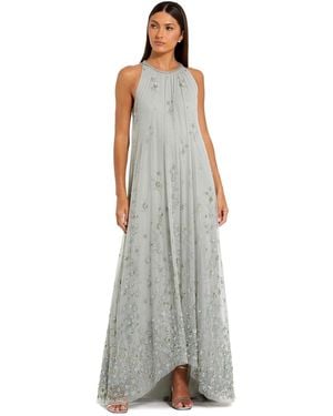 Mac Duggal High Neck Floral Embellished Mesh Trapeze Gown - Gray