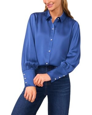Cece Luxe Satin Imitation Pearl Button Down Blouse - Blue
