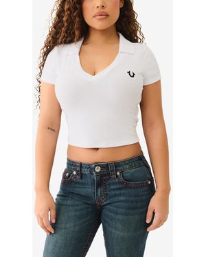 True Religion Ss Deep V-neck Rib Polo Top - White