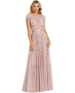 Mac Duggal Floral Embellished Short Sleeve Mesh Gown - Purple
