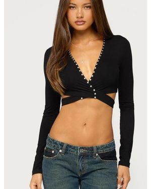 Edikted Keila Long-sleeve Studded Wrap Top - Black