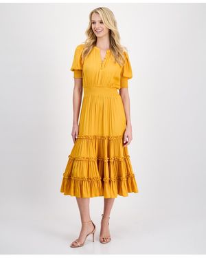 Tahari Puff-sleeve Tiered Midi Dress - Yellow