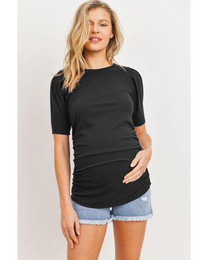 Hello Miss Maternity Ribbed Ruched Short Sleeve Puff Top - Black