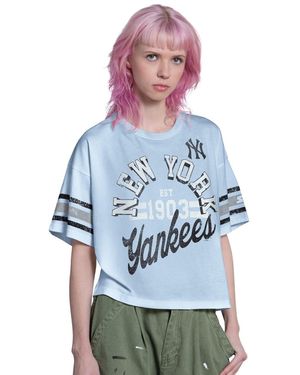 Starter Light Blue New York Yankees Cropped Hurry Up Offense T-shirt - Gray